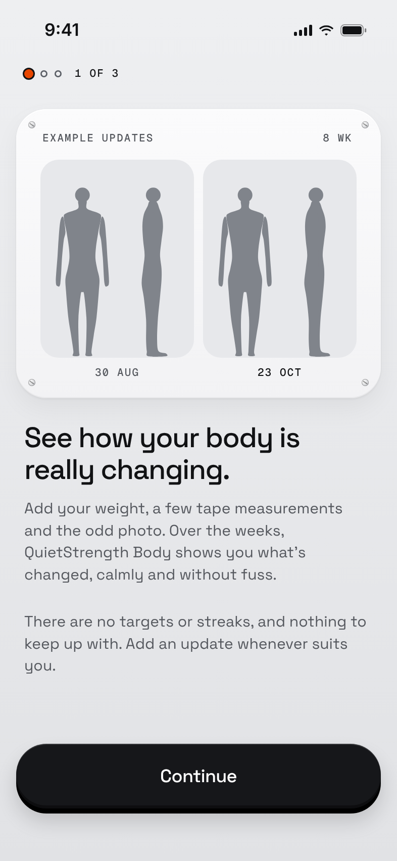The first onboarding screen, "See how your body is really changing", above two example updates shown as front and side silhouettes, 30 Aug and 23 Oct. Example updates.