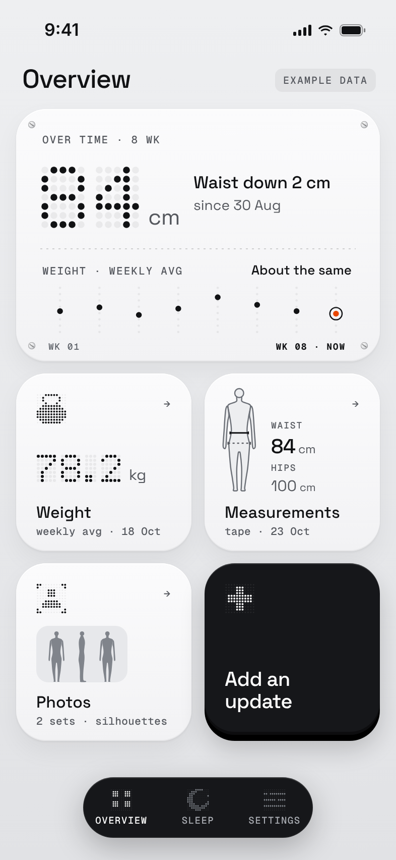 QuietStrength Body's Overview screen, showing photos, measurements and weight over time. Example data.