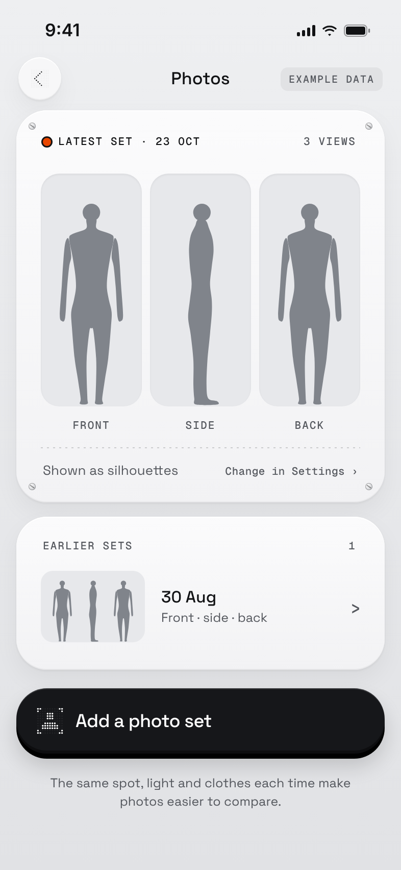 The Photos screen: the latest set from 23 October shown as front, side and back silhouettes, with "Shown as silhouettes" and a link to change it in Settings. Example data.