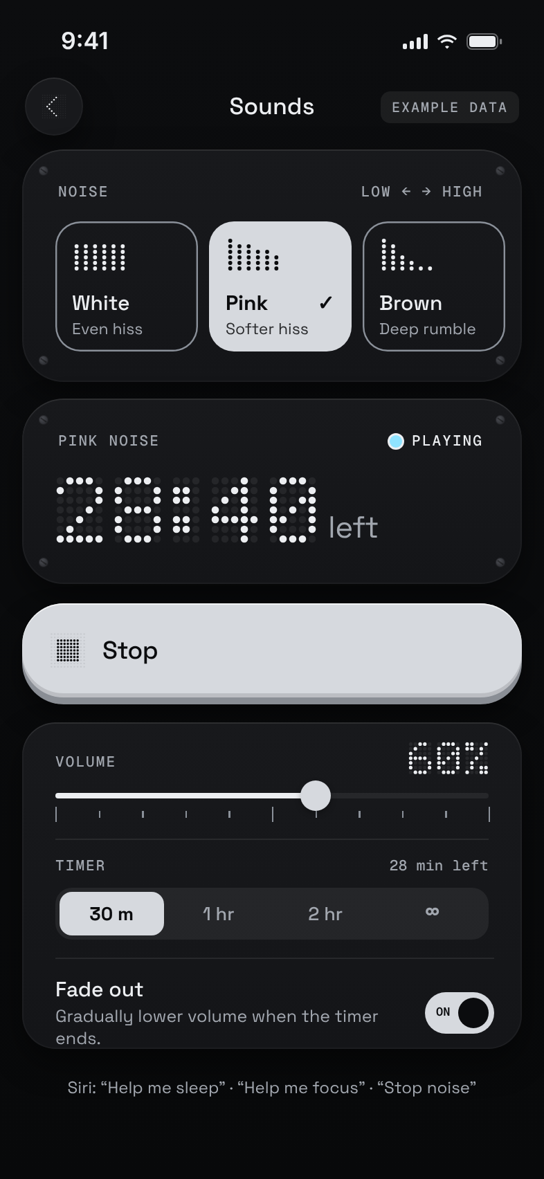 The Sleep Sounds screen in dark mode: white, pink and brown noise, pink noise playing with 28:40 left on the timer, a volume slider, timer options and a fade-out switch. Example data.
