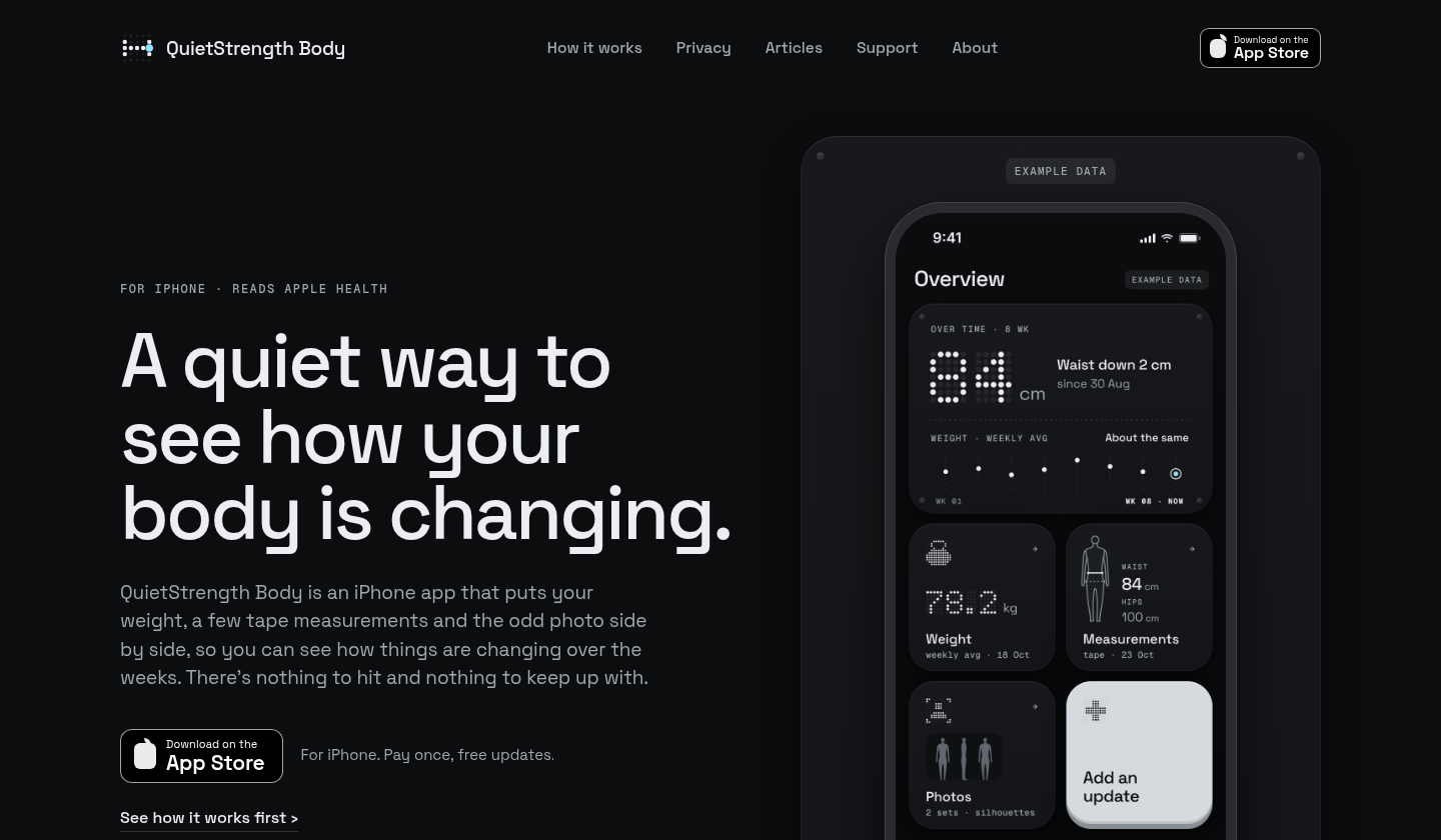 The same website home page in dark mode. Example data.