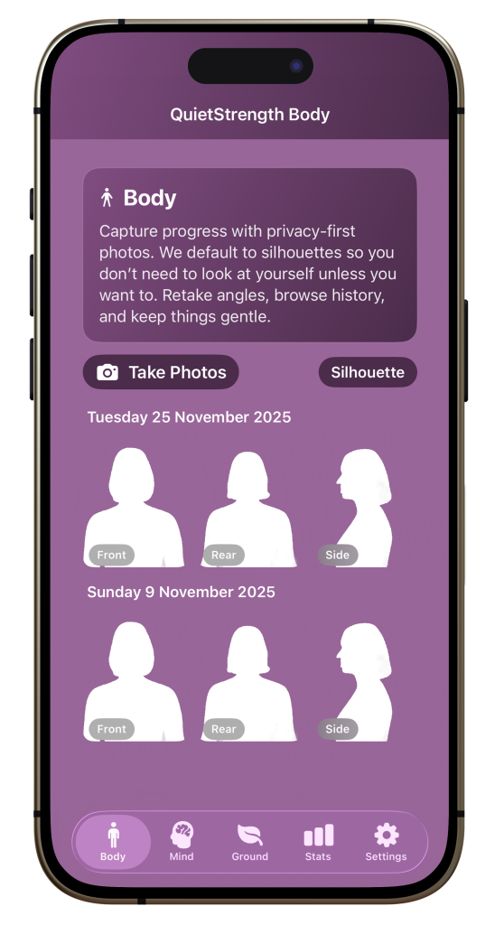 QuietStrength Body - screenshot from the app showing silhouettes of progress photos