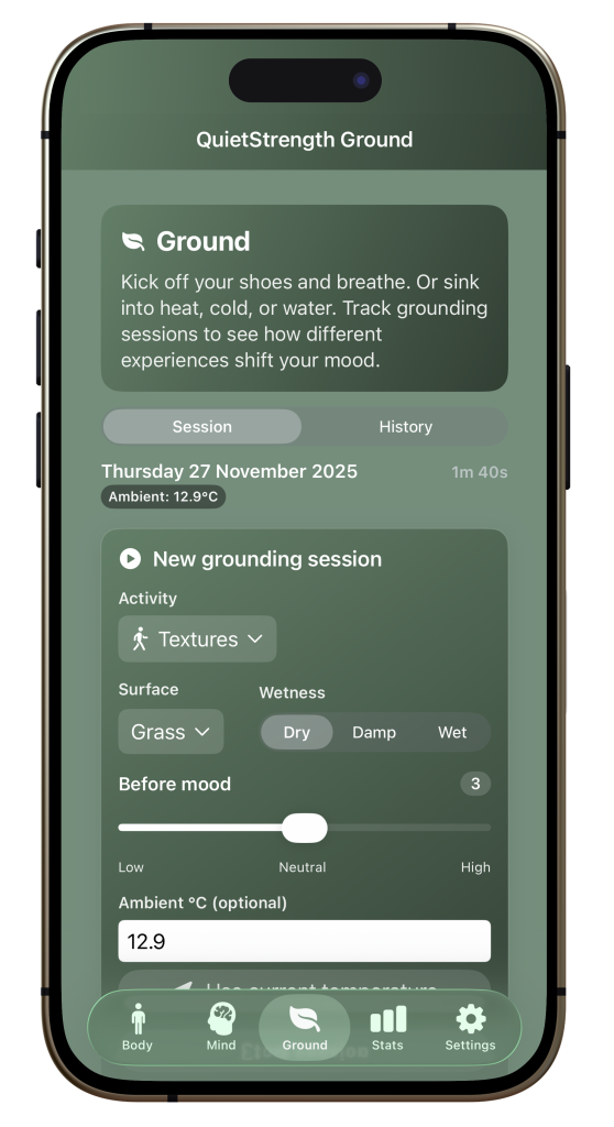 QuietStrength Body - screenshot from the app showing the Textures session setup screen