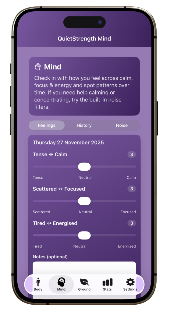 QuietStrength Mind - screenshot from the app showing today's Feelings screen