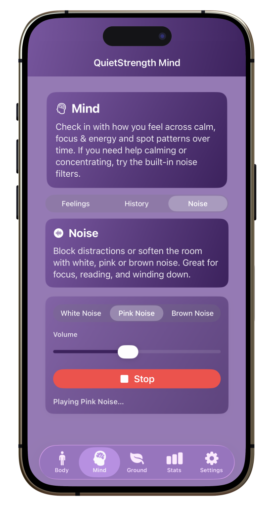 QuietStrength Mind - screenshot from the app showing the Noise screen